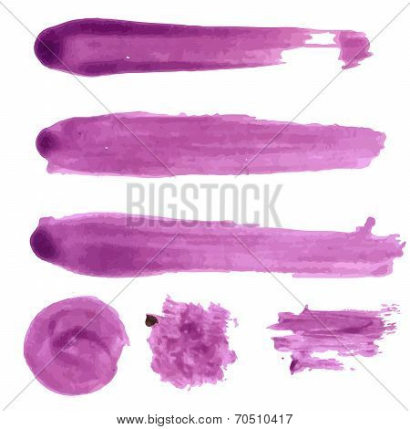 Set of vector purple paint stains. Collection of lipstick and nail polish swatches.