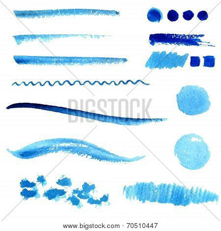 Set of blue paint strokes and stains. Collection vector design elements