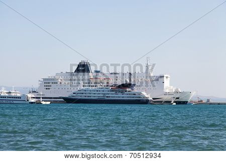SPLIT, CROATIA - AUGUST 13, 2014: SNAV ADRIATICO vessel in a port. Split is an important port in Croatia with ferries cruising to the croatian islands