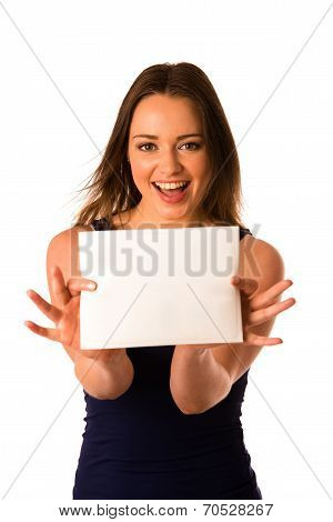 Preety Assian Caucasian Woman Holding A White Card