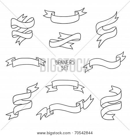Vintage ribbon banners, hand drawn set  for design. Vector illustration.