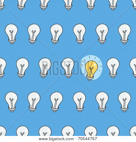 Hand drawn seamless pattern of light bulbs. Idea symbol. Vector illustration. Lamp background in ske