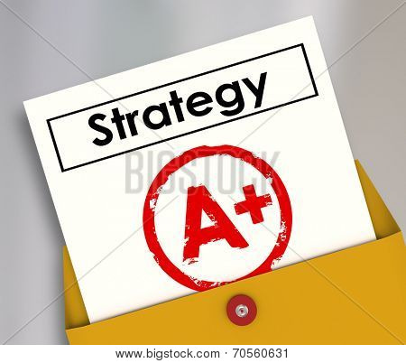 Strategy document in a yellow envelope getting an A+ review as a successful plan for achieving success and good results