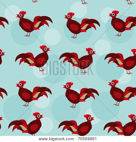 Seamless pattern with funny cute rooster bird on a blue backgrou
