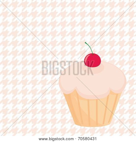 Cherry vector cupcake on white polka dots pink houndstooth background