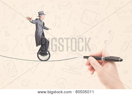 Businessman riding monocycle on a rope drawn by hand concept