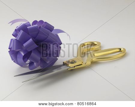 opening ceremony concepet purple ribbon bows and gold scissors