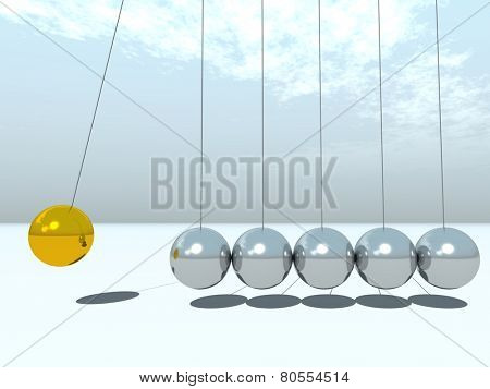 Concept or conceptual 3D metal silver and gold creative sphere Newton cradle pendulum over a sky background