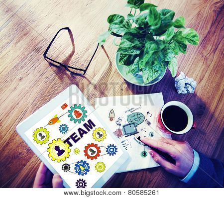 Tablet Collarboration Connection Togetherness Gear Corporate Team Concept