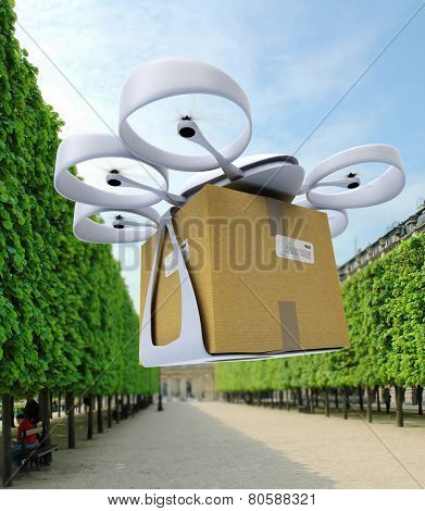 3D rendering of a commercial drone landing in an urban park