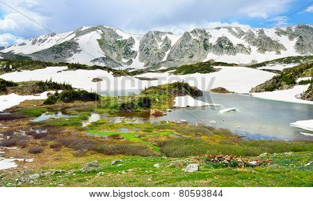 Snowy Range Mountains And Apline Lake In Medicine Bow, Wyoming In Summer