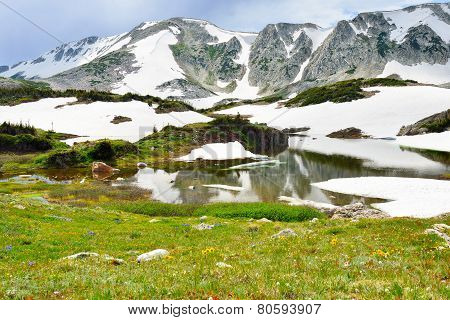 Snowy Range Mountains And Apline Lake With Reflection In Medicine Bow, Wyoming In Summer