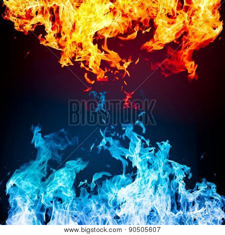 Red and blue fire on balck background