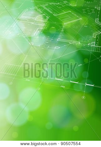 Architecture ecology blueprint: plan & green bokeh abstract light background / vector illustration / eps10
