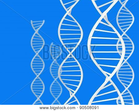 Science and biotech theme of white DNA spirals over a blue background