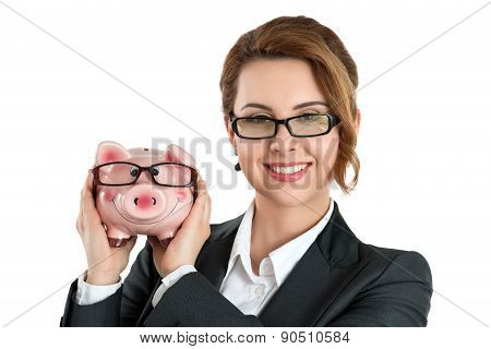 Portrait of attractive business woman thinking and looking up