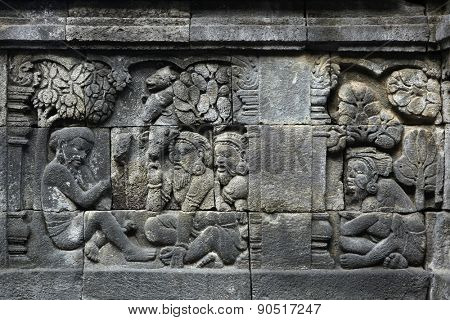 Ascetic men. Stone bas relief from the Borobudur Temle in Central Java, Indonesia.