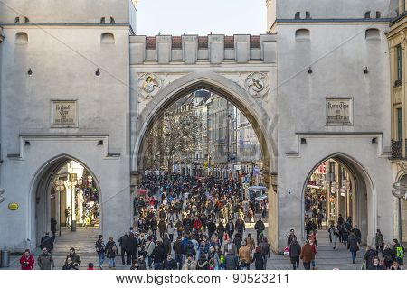 People Pass The Karlstor At Stachus