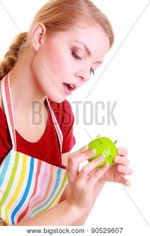 Housewife Or Chef In Kitchen Apron Using Apple Timer Isolated