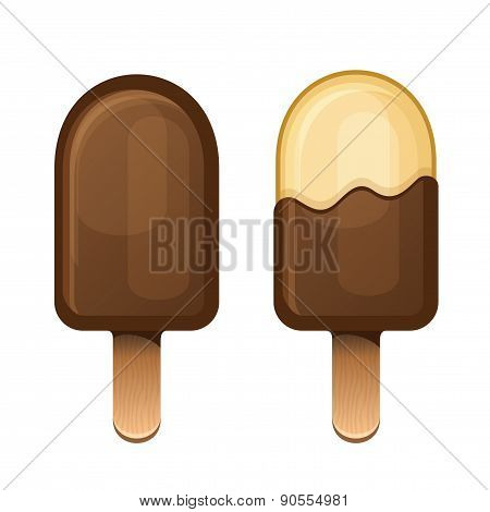 Chocolate Icecream Dessert Set on Wooden Stick.Vector