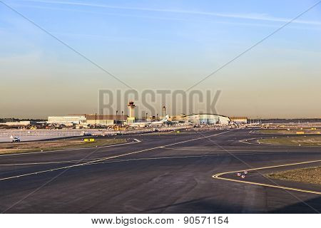 Aircrafts At Lufthansa Technik Wharft At Rhein Main Airport In Sunrise