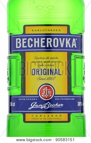Bottle of Becherovka isolated on white background