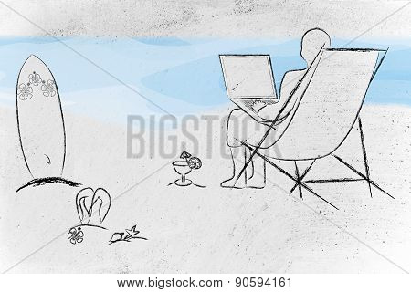 Online Business And Jobs: Entrepreneur Or Employee Working Remotely With His Laptop On The Beach