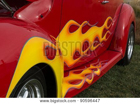 Yellow Flame On Red Hot Rod