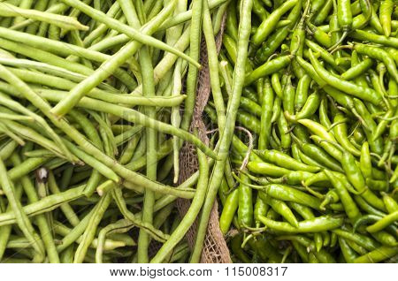 Longbeans And Green Chilli At The Market