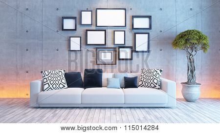 Living Room Interior Design With Concrete Wall And Picture Frames
