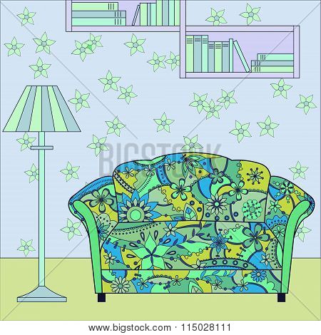 Vector cartoon funny interior with painted couch
