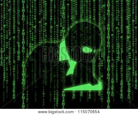 Illustration with computer hacker silhouette of hooded man