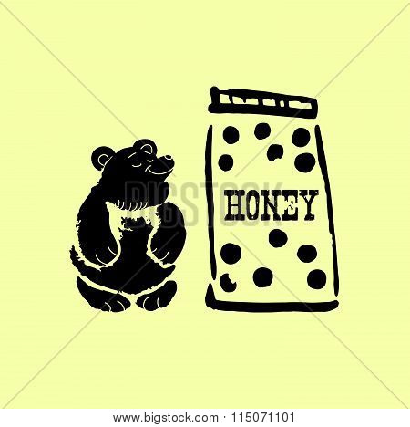 Vector illustration of big can with tasty honey and cute bear.