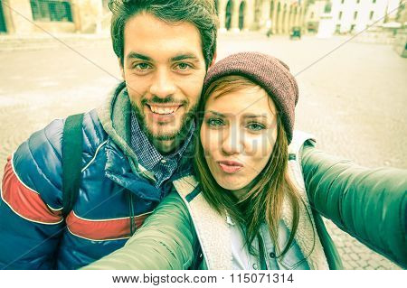 Young Couple Taking Selfie By Mobile Phone In Old City - Students Teenager Having Fun