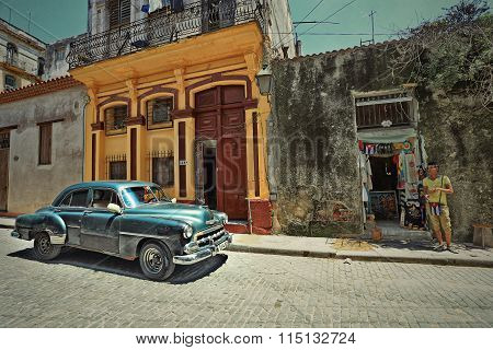 CUBA, HAVANA-JULY 10, 2015: Classic retro car rides through the streets of Havana.