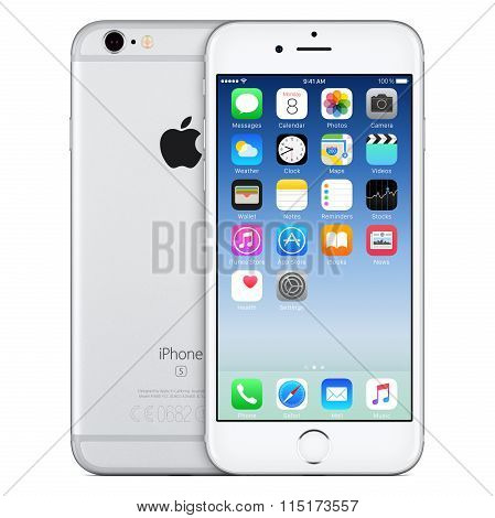 Silver Apple Iphone 6S Front View With Ios 9 On The Screen And Back Side Of The Iphone