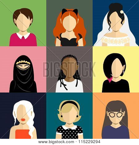People icons set in flat style with faces of women and girls