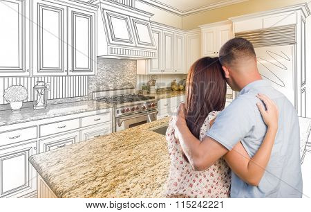 Young Military Couple Looking Inside Custom Kitchen and Design Drawing Combination.