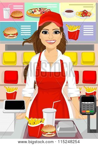 female cashier at fast food restaurant