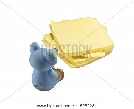 Toy Mouse Sitting In Front Of Stack Of Cheese