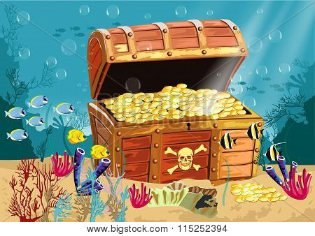 Underwater scenery with an open pirate treasure chest