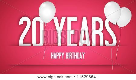 Happy Birthday Card - Girl With White Balloons - 20 Years Greeting Postcard - Illustration Anniversa