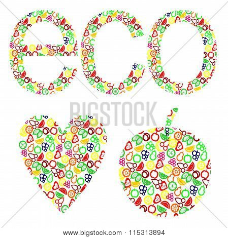 Vector illustration of heart apple. Eco concept with elements of fruits. Isolated over white backgro
