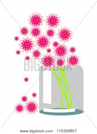 Vector Still Life. Composition With Pink Flowers In A Transparent Bank