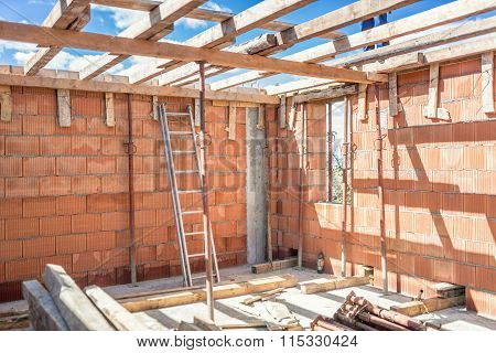 Construction Site Tools And Details - Metal Ladder, Brick Layers, Wood And Timber