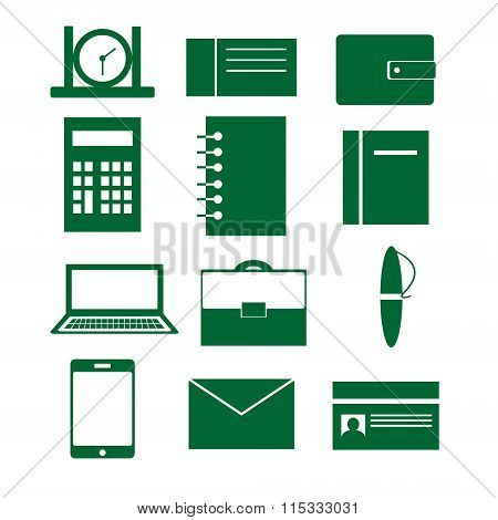 Set Of Vector Icons With Elements Of Business, Work And Office, Green Color, Isolated Over White Bac