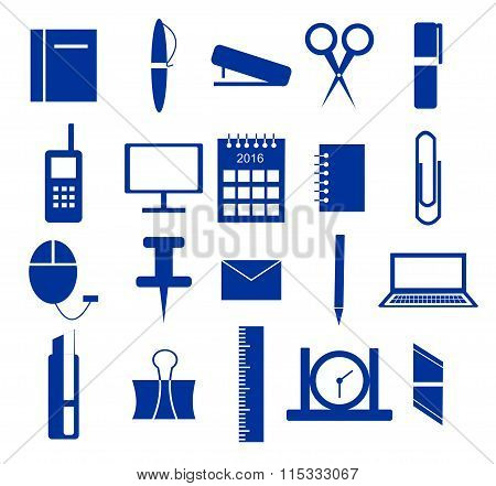 Icons, Office Supplies In Blue Over White Background