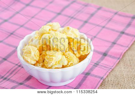 Homemade Golden Caramel Popcorn In A Bowl