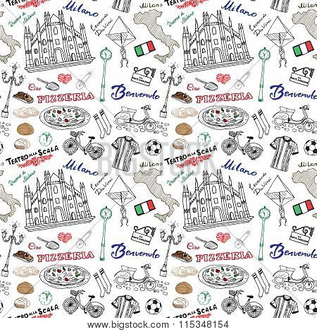 Milan Italy Seamless Pattern With Hand Drawn Sketch Elements Duomo Cathedral, Flag, Map, Pizza, Tran