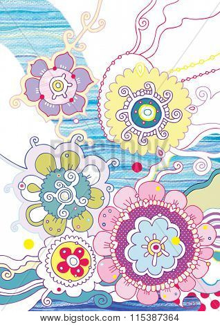 Whimsical flowers created digitally with collage of watercolor areas.
